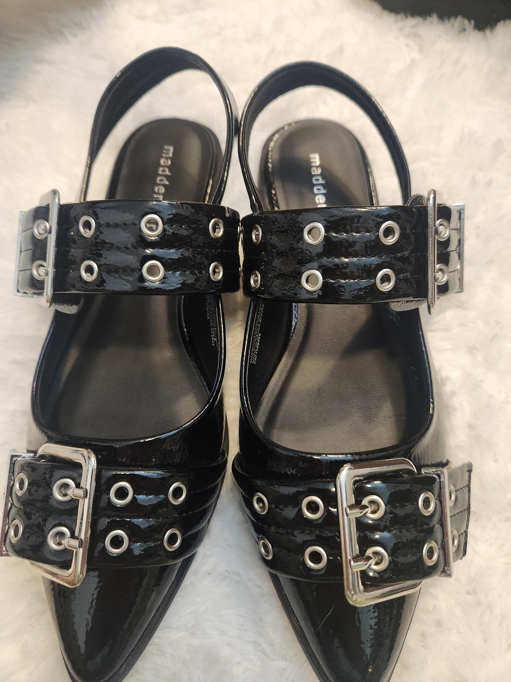 Madden Girl Black Patent Pointed-Toe Buckle Slingback Flats